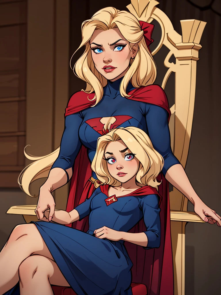 2 girls, one blonde with long hair wearing bows in her hair, with blue eyes, wearing a pink princess dress, sweet princess and sitting on a throne, the other girl behind the throne with short blonde hair, wearing a blue heroine costume, wearing a red cape and with an evil expression, with completely red eyes