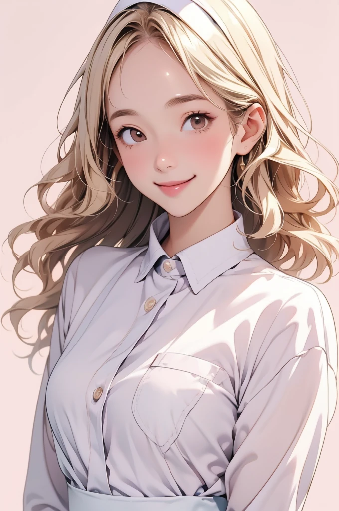 high resolution,smile,happy,light smile,woman,woman1人,adult,Clear,cute,
blunt bangs,Blonde Hair,BREAK, Brown eyes,BREAK,wavy hair,long hair,BREAK, ((looking at viewer)),
White nurse uniform,BREAK,Facing forward,BREAK,Pink background,