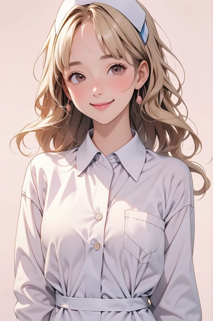 high resolution,smile,happy,light smile,woman,woman1人,adult,Clear,cute,
blunt bangs,Blonde Hair,BREAK, Brown eyes,BREAK,wavy hair,long hair,BREAK, ((looking at viewer)),
White nurse uniform,BREAK,Facing forward,BREAK,Pink background,