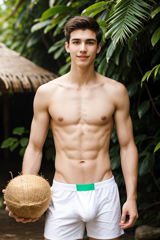 A young man, Beautiful, handsome, skinny, white without shirt,picking coconut in his hand with tight boxer yellow green blue blasil