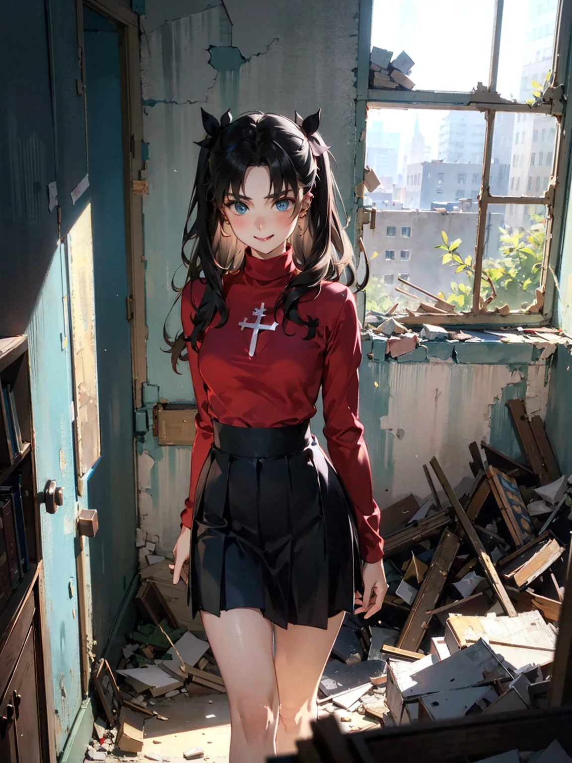 Tohsaka Rin, Volumetric lighting, Best Shadow, Shallow depth of field, Stunningly beautiful girl portrait, A delicate, beautiful and attractive face with captivating piercing blue eyes, Sharp eyebrows, Enjoy the view, A kind smile, Mouth closed, Nice medium sized breasts, Layered Long Black Two Side Up Hair, Hair Ribbon, Blush Eyeshadow, Thick eyelashes, Red turtleneck shirt with cross, Narrow waist, Black short pleated skirt, Thigh Gap, Black thigh-high stockings, Late Afternoon, Sunlight streaming through the window, Floating dust particles, Corridor of an abandoned school, Rubble pile、machine、Broken chair, Looking out the window, Are standing, (Highest quality, Amazing details:1.25), (alone:1.3), brightly colored paintings
