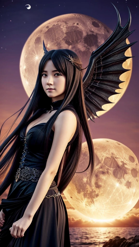 anime - style girl with long hair and dragon wings as attractive as an elegant and gothic looking goddess watching the moon