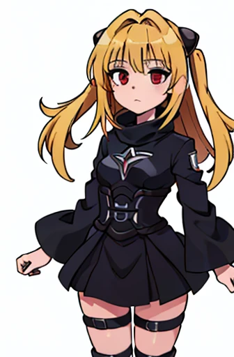 (Best Quality:0.8) perfect anime illustration, a pretty, ((masterpiece,Best Quality)), absurdities, (beautiful finely detailed eyes: 1.2), mine, konjiki no mine, 1 girl, Alone, by rubio, by the wide, Red eyes, thigh strap, by the wide, separate sleeves, black dress,phmine minesch minenor phmine, 1girl, long hair, Alone, hair ornament, two siDe up, Blonde hair, red eyes, hair ornament,watching the spectator,looking forward,Whole body,hands making heart shape,serrated legs,Legs together,Flushed face