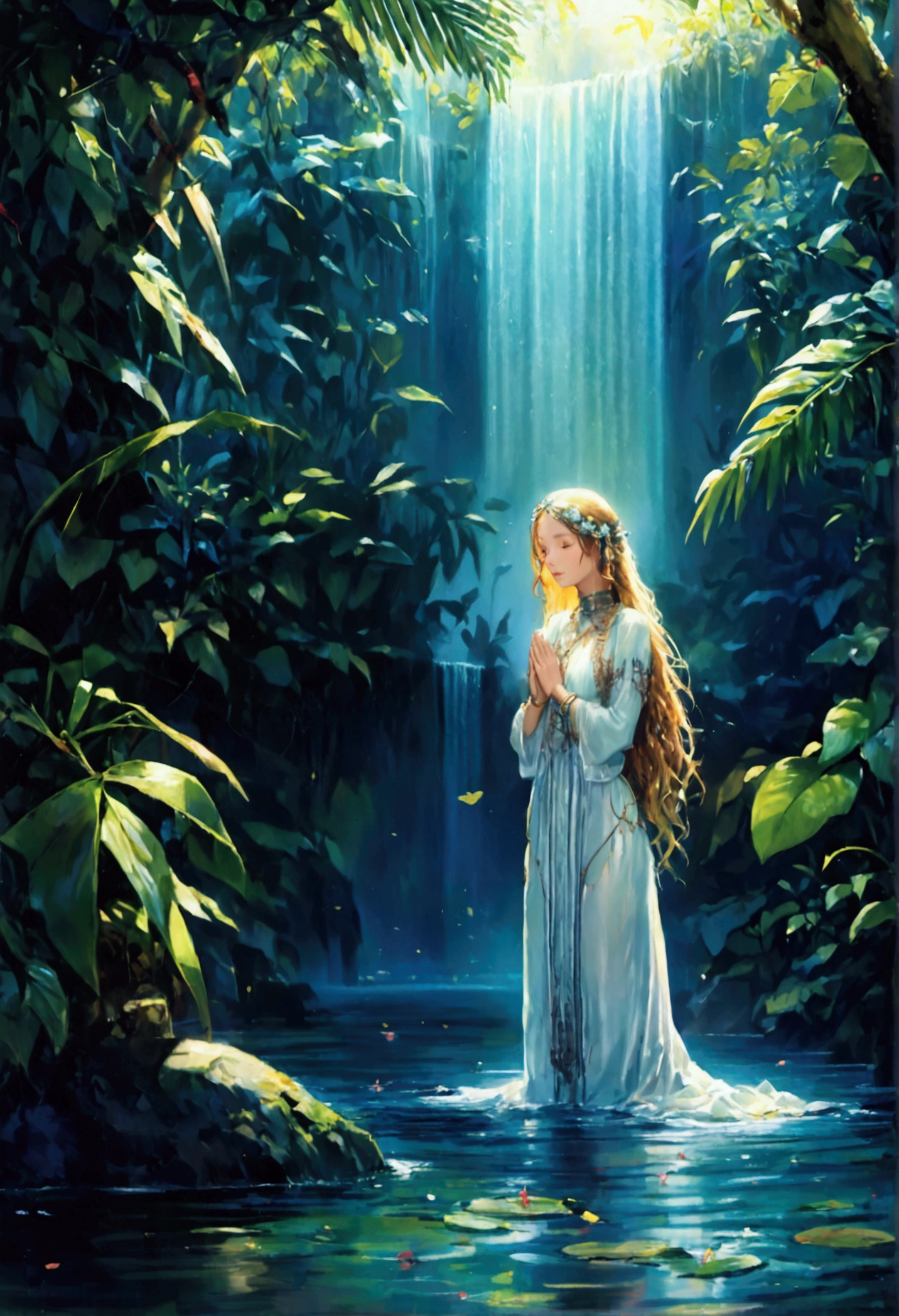 a lovely woman praying for fertility at a jungle waterfall, a translucent goddess floating above the water listening to her prayer, moonlit confession, detailed female figure, beautiful intricate details, realistic skin textures, flowing hair, ornate jewelry, mystical atmosphere, dramatic lighting, volumetric fog, lush tropical foliage, reflective water surface, glowing moon, (best quality,8k,highres,masterpiece:1.2),ultra-detailed,(realistic,photorealistic,photo-realistic:1.37),fine art portrait,dramatic lighting,cinematic composition,vibrant colors,fantasy,magical realism