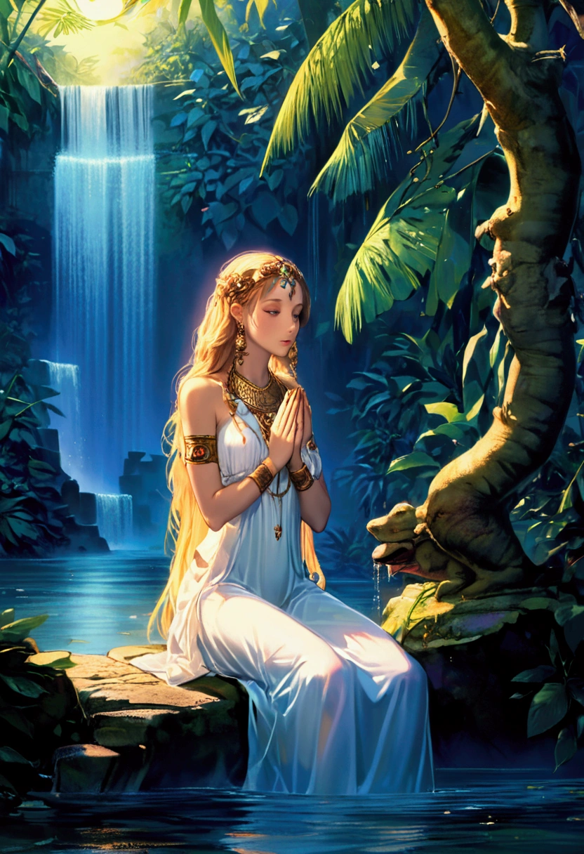 A lovely scantily clad woman prays for fertility at a jungle waterfall. A translucent goddess floats above the water and listens to her prayer. Moonlit confession