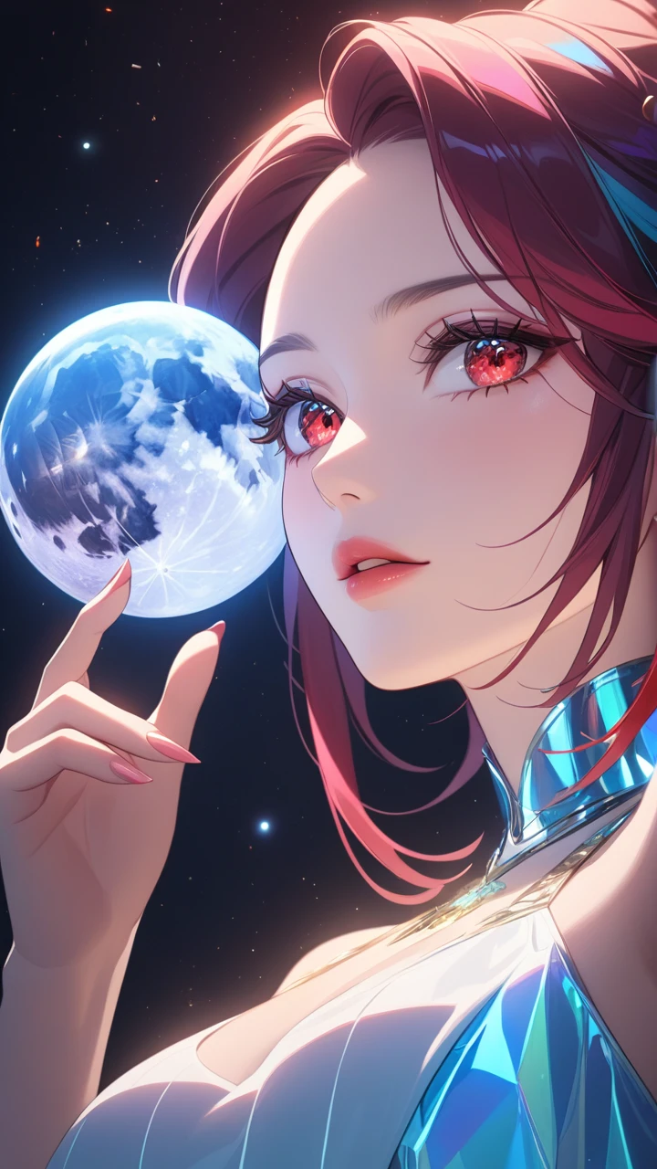 masterpiece, best quality:1.3, 1girl, moon dress, giants girl , floating,space ,moon , holding moon , detailed face, red eyes, beautiful detailed lips, long eyelashes, delicate facial features, expressive face, detailed skin texture, moonlight lighting, vibrant colors, cinematic lighting, soft focus, prismatic, holographic,chromati caberration,