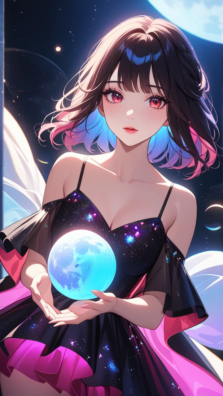 masterpiece, best quality:1.3, 1girl, moon dress, giants girl , floating,space ,moon , holding moon , detailed face, red eyes, beautiful detailed lips, long eyelashes, delicate facial features, expressive face, detailed skin texture, moonlight lighting, vibrant colors, cinematic lighting, soft focus, prismatic, holographic,chromati caberration,