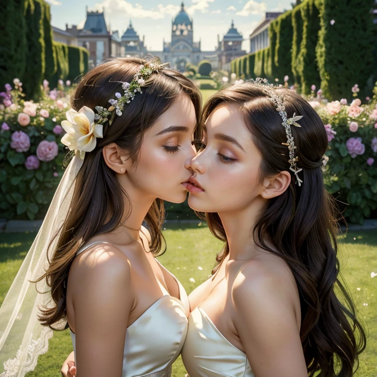(masterpiece, best quality:1.5), highest quality, High resolution, super detailed, Realists, Upper body photo of a brunette bridesmaid, detailed and beautiful eyes, beautiful detailed lips, very detailed eyes and face, longeyelashes, Jubge girls short dress made of shiny satin fabric, Beautiful and colorful makeup, elegant and noble々Pose,shiny satin headband, grind, Holding flowers, Gardens as background, soft daylight, bright colors, fine brushstrokes, Portrait style, Noble details in the dress fabric, beautiful color palette, glowing skin, First-class rendering, that captures every detail, enchanting atmosphere, subtle shadows and lights, (perfect anatomy:1.2), (The two stunning bridesmaids hold flowers and wedding rings, (kiss:1.2), (magnificent panorama view:1.2)