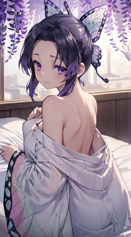 (futon),nsfw, ((First Night)),(((kochou shinobu))),demon slayer,_kochou shinobu, ((((White sleepwear)))), (Raise one hand),Bedroom, Sit down, (((Close one eye, Yawn, Open your mouth wide))), ((((Lying on your back)))), Ultra-realistic 8K CG,masterpiece,, ((Highly detailed background,Delicate pattern,Intricate details, Fine and beautiful eyes)),The best quality in the best condition,とてもとてもとても詳細なface, Highly detailed eyesとface,Highly detailed eyes,kochou shinobu,Multicolored Hair,No bangs,Hair Intake,, Purple eyes,,butterfly,band,(熱band庭園:1.2),Purple Flower,mostly cloudy null,Tyndall effect,slope_null,face,beautiful null,,Seductive posture,(Medium chest:1.3), woman,15 years old