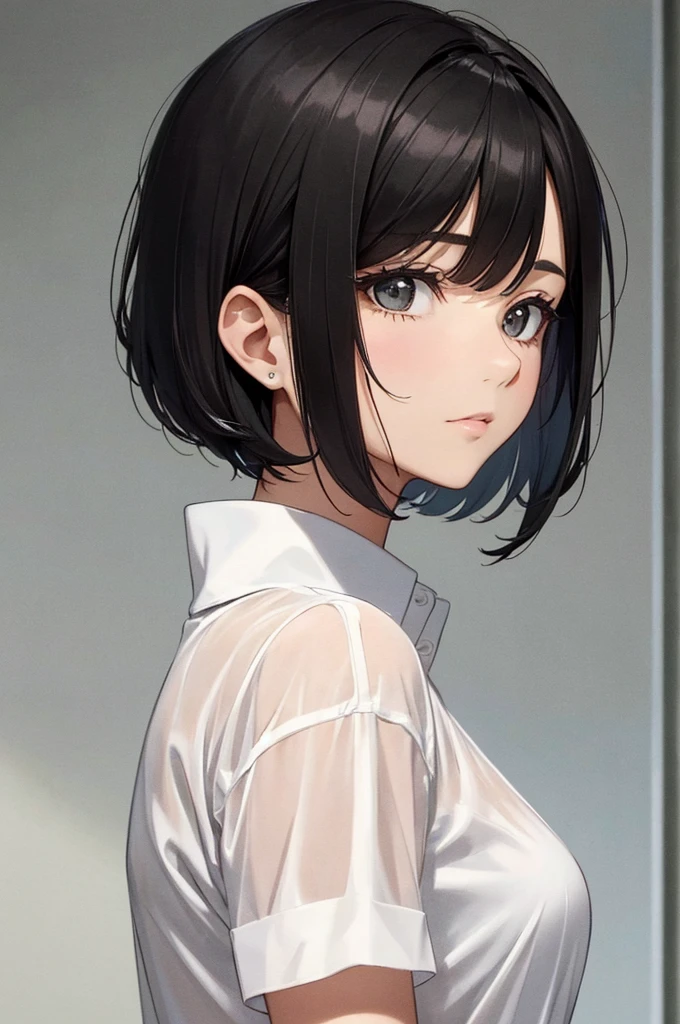 A gentle and timid-looking woman in her 30s, with a soft bob haircut and black hair. She exudes a warm and calm presence