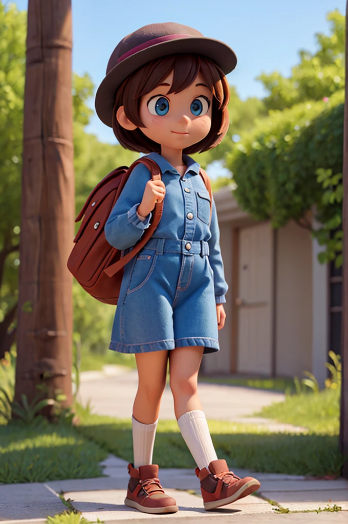 Carrying a backpack,cartoon girl wearing a hat, Full body character design,3D modeling style,Natural light and shadow