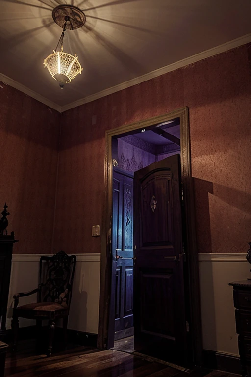 Haunted house, rooms with mucielagos. a lot of beauty, red, purple, reflexes 