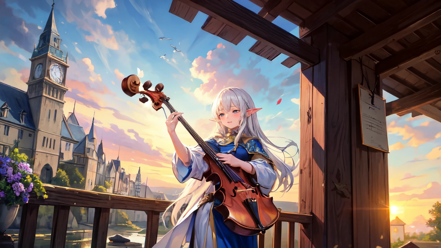 ((best quality)), ((masterpiece)), (detailed), elf girl a relaxing medieval fantasy song set in a peaceful village. The music should feature a soothing viola and a playful flute, evoking a serene atmosphere. Imagine a quaint village at sunset, with villagers winding down, children playing, and a gentle breeze carrying the scent of blooming flowers.