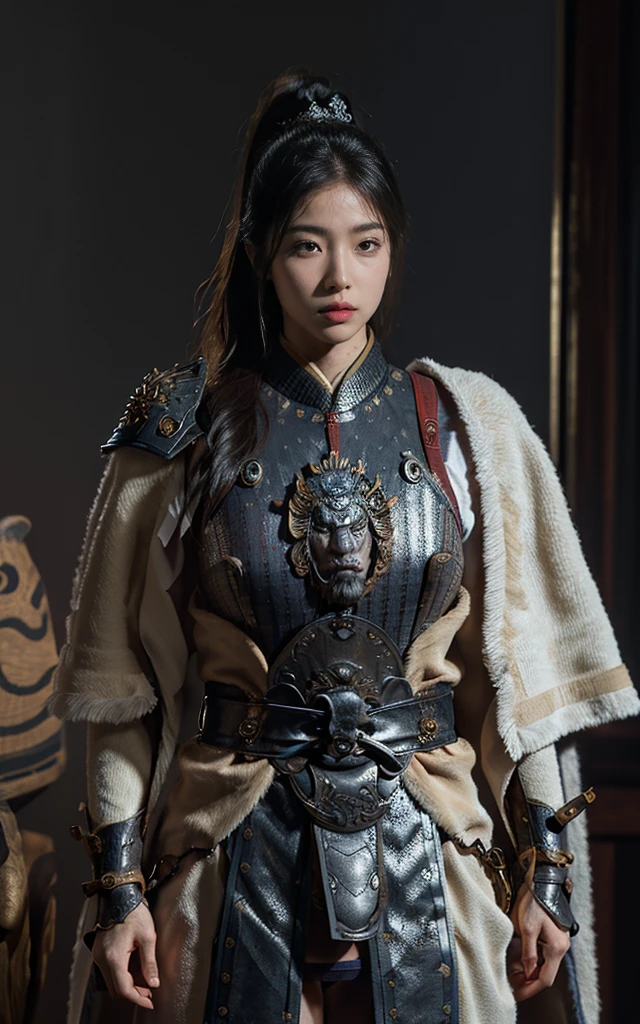 ((Unreal Engine 5)), Realistic rendering, Excellent, (Full set of samurai armor), (Cuirassiers), (cloak), (Samurai at the helm), Looking at the camera, Standing in the studio, Pretty Face, cosmetic, Hybrid, (Photorealism:1.2), Ultra-realistic UHD faces,, Slim waist, Hourglass figure, Half Body, ((Radiant Skin)), ((Glowing skin)), Realistic body, ((She has a sexy body)), ((Cleansing the skin)), Reality, Bokeh, Motion Blur, masterpiece, high resolution, 1080P, Super Detail, Textured Skin.