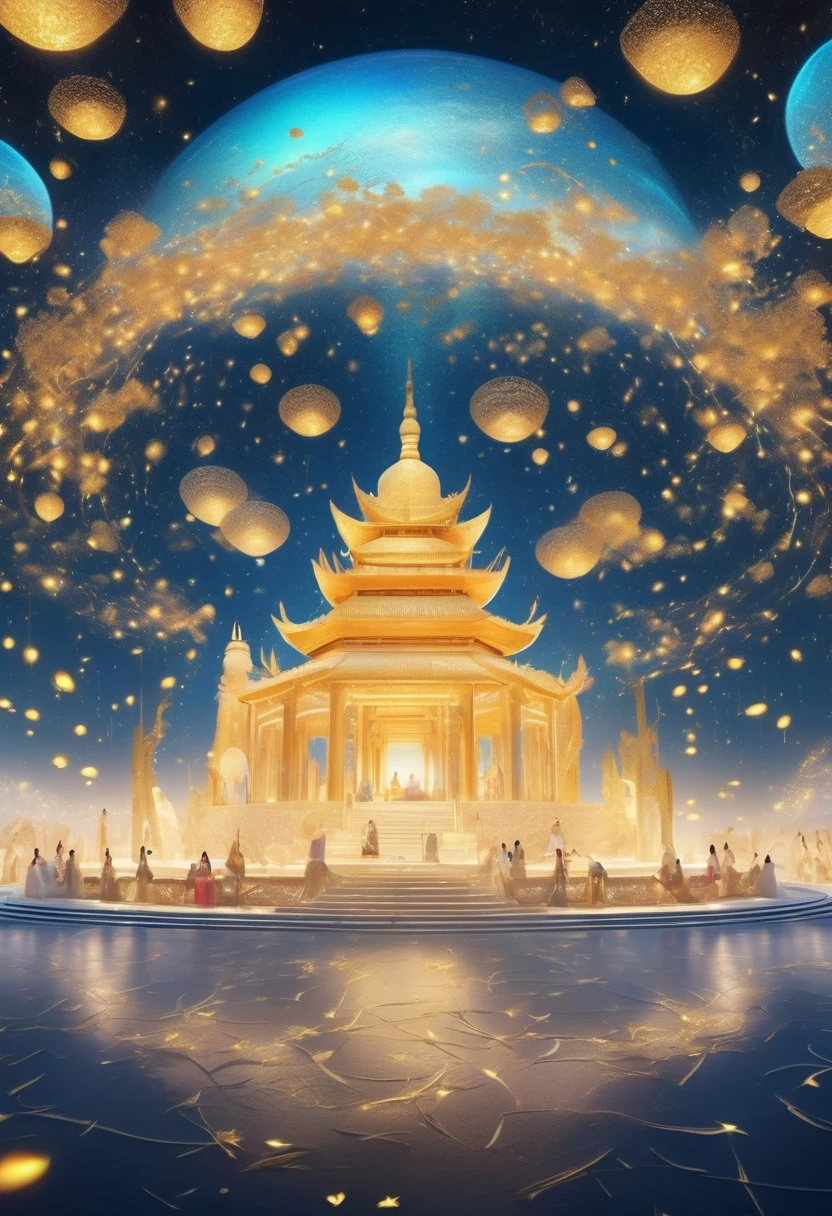 Fifty pictures from the ground to the sky，Surrounded by stars，Ancient mysterious atmosphere。3d rendering，The artistic colors of Dunhuang，Radiate Zen，。Golden text，Small figures in flowing clothes，Circular layout，Mysterious atmosphere，Gorgeous，Bioluminescence，dome light，Romantic ancient style，Dazzling light and shadow。
