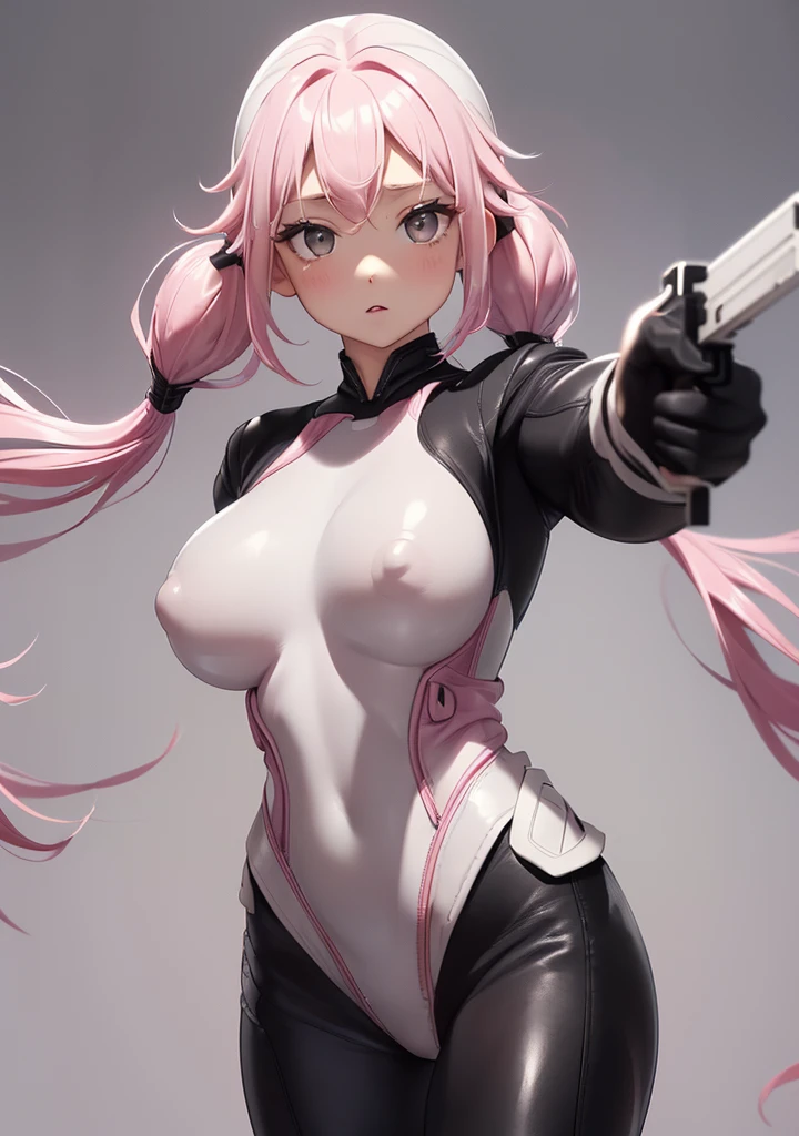 ((Upper body photo))、Cute face、Pink Hair、Long Hair、Twin tails、White skin、((Shooting from the front:1.5 ))、((Tight black leather suit:1.5)), ((Big Breasts)), Pointed nipples, masterpiece