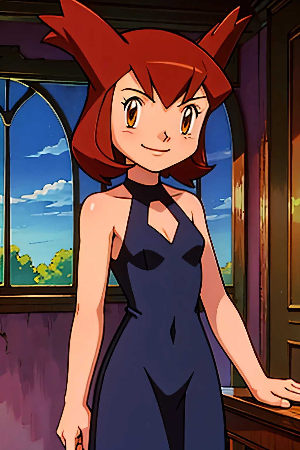 1 girl, solo, Pokemon Heroes (Bianca), Brown Hair, brown eyes, bare shoulders, black cut out halterneck dress, smile, ballroom, cowboy shot, facing viewer, absurdres, ultra detailed, masterpiece, best quality, ager, pokemovies, window of a purple sundown