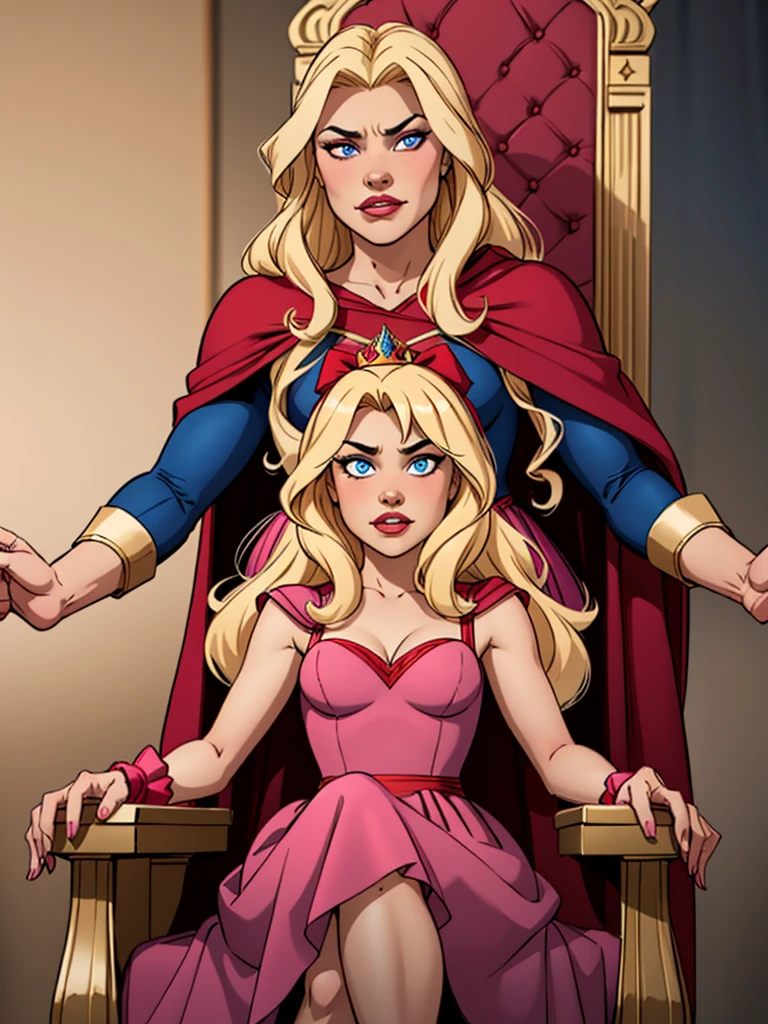 2 girls, one blonde with long hair wearing bows in her hair, with blue eyes, wearing a pink princess dress, sweet princess and sitting on a throne, the other girl behind the throne with short blonde hair, wearing a blue heroine costume, wearing a red cape and with an evil expression, with completely red eyes