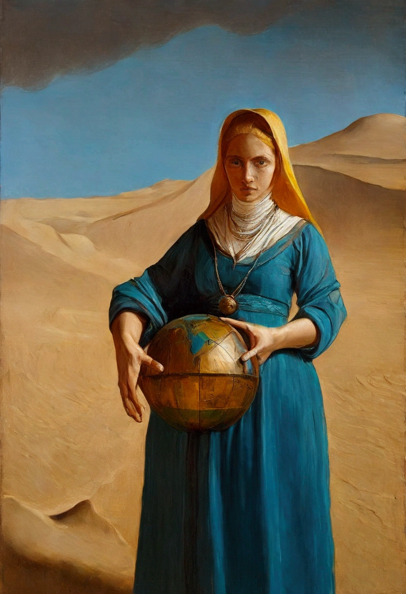 oil painting, leonardo da vinci style, Van Gogh, lots of, chirico, beautiful Alafi woman in traditional costume holding a small drum in the desert, beautiful  face , detailded, beautiful and big eyes with big eyelashes, a young woman in shamanic costume, a girl holding an earth sphere, the setting of the movie Silk Road, beautiful youth, Portrait photo, ex-princess Lieb, the disappearing line of the desert is below the woman&#39;waist, the sky is clear and transparent.