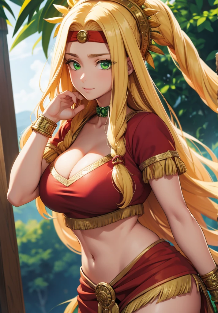quetzalcoatl, quetzalcoatl, long hair, sidelocks, yellow hair, (green eyes:1.5), wavy hair, (large breast:1.2),
BREAK aztec, bracelet, choker, headband, headdress, jewelry, midriff, navel, short sleeves, wristlet,
BREAK looking at viewer,
BREAK outdoors,
BREAK (masterpiece:1.2), best quality, high resolution, unity 8k wallpaper, (illustration:0.8), (beautiful detailed eyes:1.6), extremely detailed face, perfect lighting, extremely detailed CG, (perfect hands, perfect anatomy),