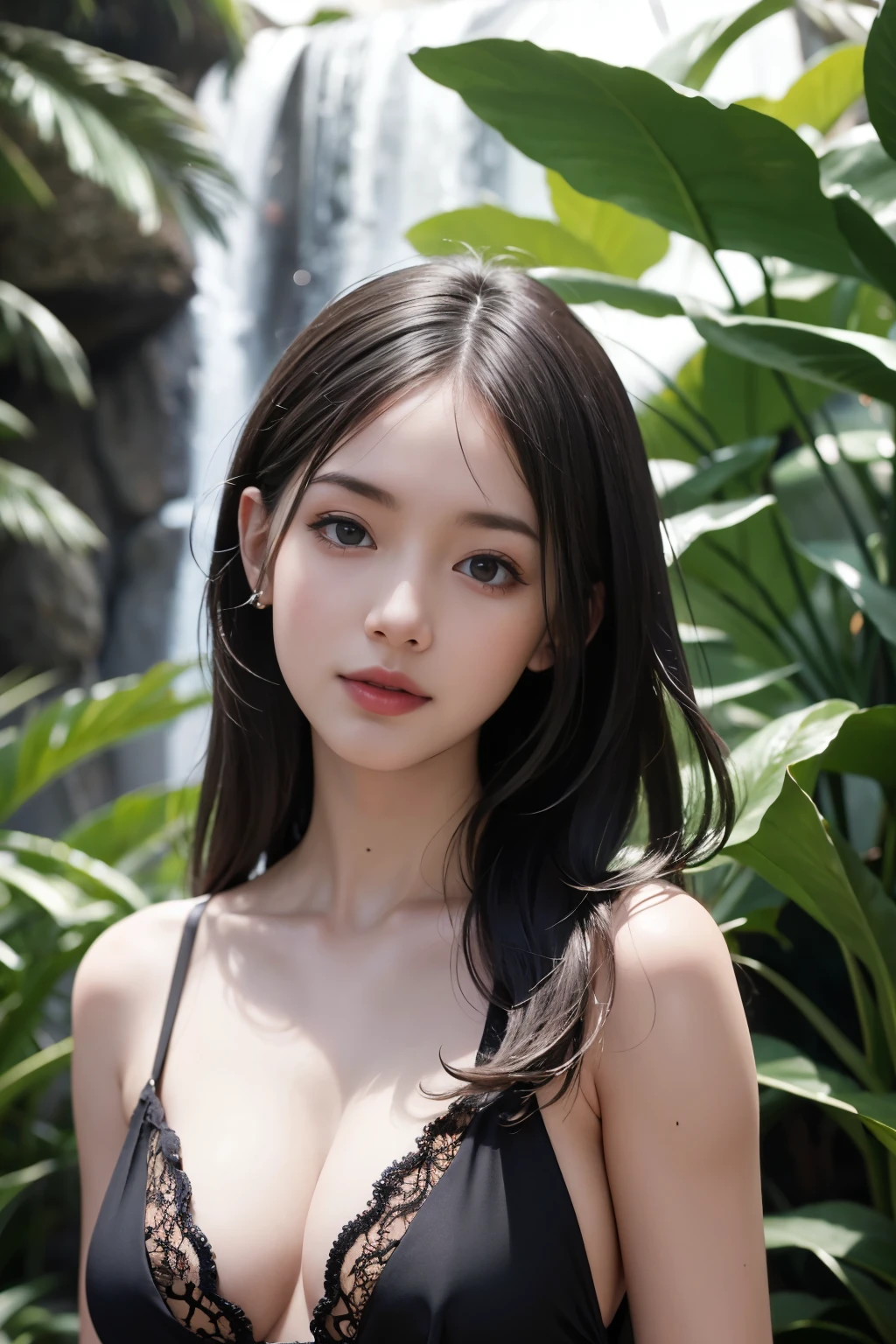 (ultra realistic) , (illustration), (increase resolution), (8K), (extremely detailed), (best illustration), (beautiful detailed eyes), (best quality), (ultra-detailed), (masterpiece), (wallpaper), (detailed face), 1 girl, black straight hair, slender body, delicate details, in the dark, deep shadow, low key, pureerosfaceace_v1, happy smile, summer dress, waterfall, rainforest