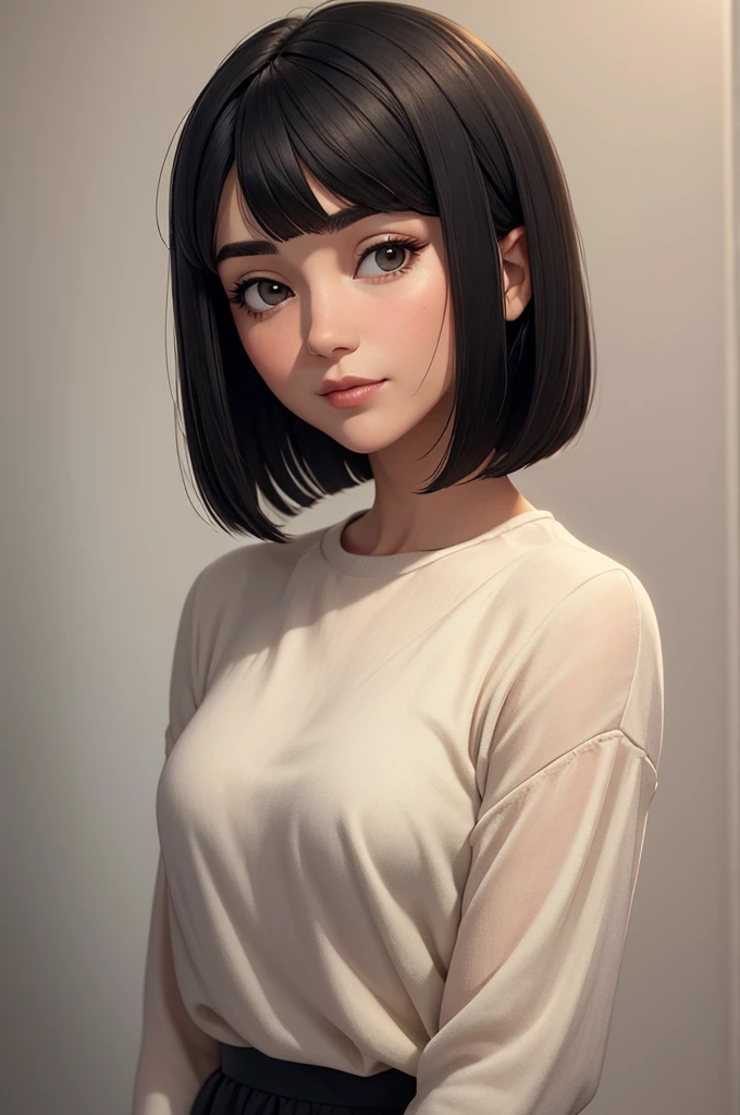 A gentle and timid-looking woman in her 30s, with a soft bob haircut and black hair. She exudes a warm and calm presence