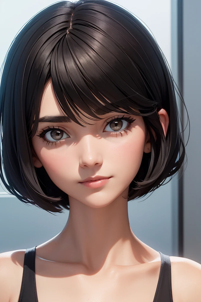 A gentle and timid-looking woman in her 30s, with a soft bob haircut and black hair. She exudes a warm and calm presence