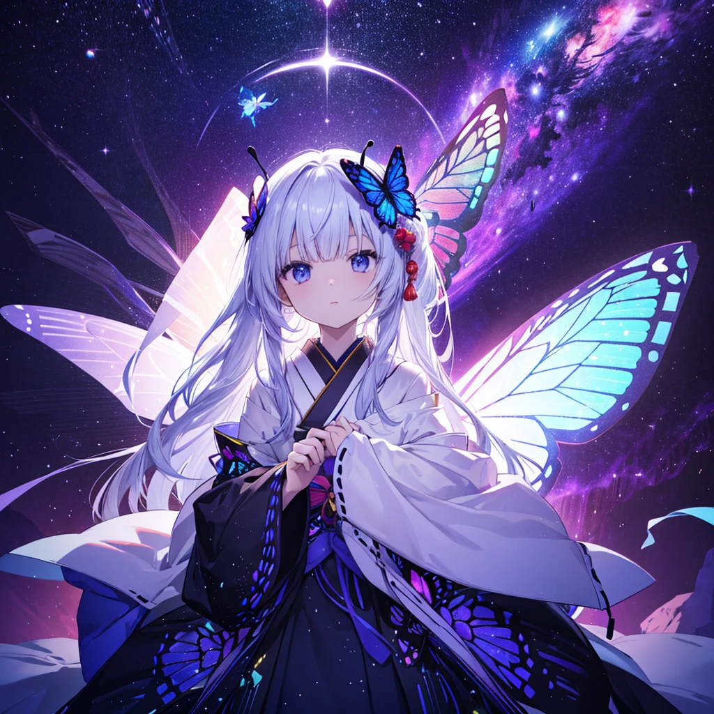 One woman,Archangel((Galaxy Wings,butterfly,Infinite depth,grow,very mysterious,Close-up)) background(Cyber World) Serious expression,Looking diagonally upwards, pure white long hair,風に吹かれている ネオンカラーとても輝いている butterfly,Super Mysterious Japanese Anime Style