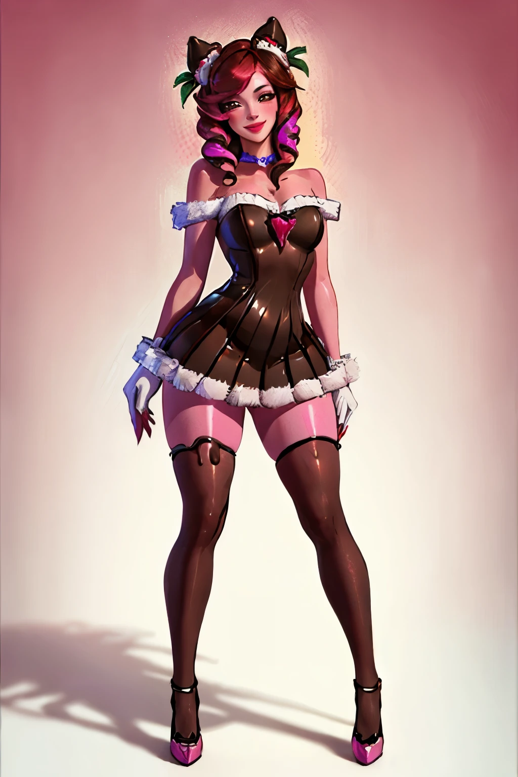 Sugar Rush Evelynn,1 girl, provocative smile, Strapless dress, mitts, chocolate no corpo, chocolate legs high thighs, strawberry hair ornament, multicolored hair,Pink skin, colored fur, Off The Shoulder,whole body, high resolution, 8k
