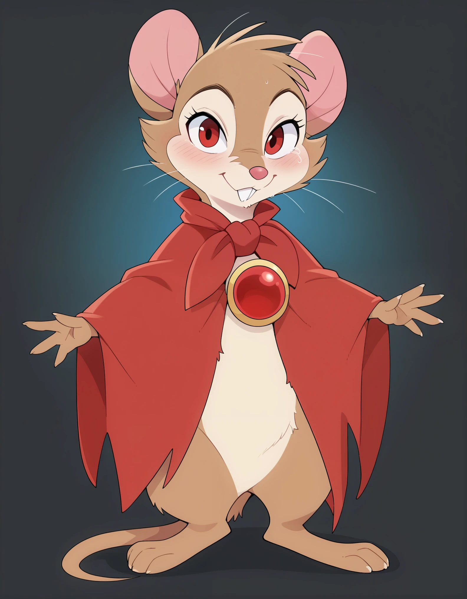 score_9, score_8_up, score_7_up, ource_furry, source_safe, dagasi_style, best quality, forest, BREAK, 1girl, mrsbrisby_tsonimh, mouse girl, semi-anthro, furry, brown fur, wearing red cape, wearing red pendant, mostly nude, standing, closed mouth, looking at viewer, smile, buck teeth, featureless crotch, featureless chest ,,,show accurate, full body, hungry body, simple background, (solo), (semi anthro), mouse, female mouse, fur body, ultra fine fur, standing, red eyes, (light brown dull fur), determined look, black open cape, red inner cape, silver cape brooch, 