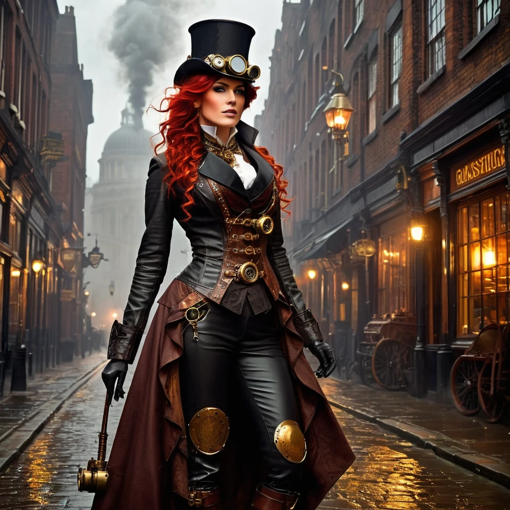 London street in the late 1800s, but with a steampunk twist. Think towering clockwork buildings with smokestacks puffing out steam, gaslight lamps casting an orange glow, and airships gliding silently overhead. Cobblestones slick with rain reflect the gaslight and bustling activity. Character: A beautiful woman with an air of confidence and purpose. Describe her distinct features and steampunk attire. Here are some options: Crimson hair cascading down her shoulders, adorned with gears and a miniature brass monocle perched on one eye. Dressed in a long, flowing coat of worn leather, accented with polished brass buckles and intricate clockwork patterns woven into the fabric. Goggles rest on her forehead, and sturdy riding boots with built-in steam pistons propel her bicycle