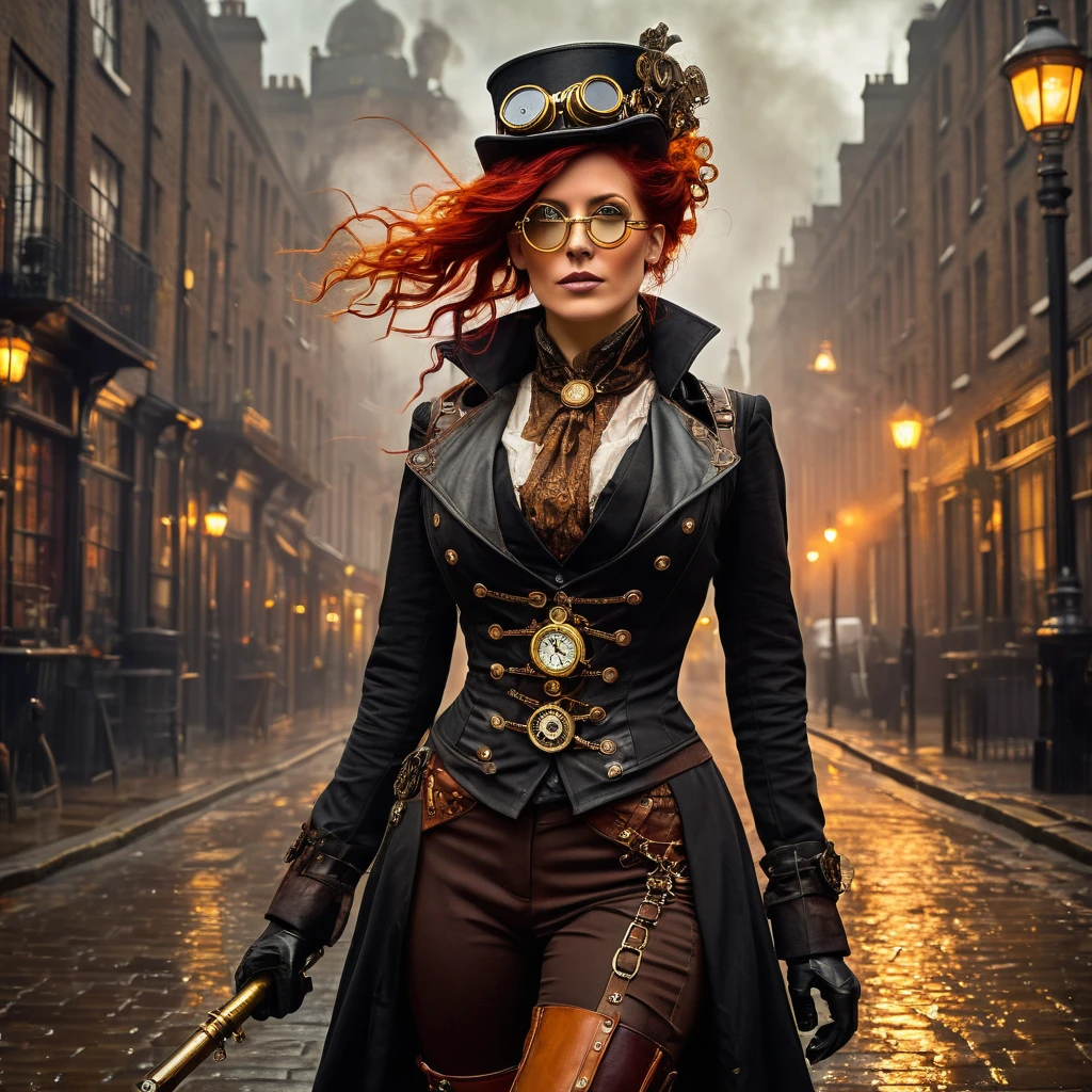 London street in the late 1800s, but with a steampunk twist. Think towering clockwork buildings with smokestacks puffing out steam, gaslight lamps casting an orange glow, and airships gliding silently overhead. Cobblestones slick with rain reflect the gaslight and bustling activity. Character: A beautiful woman with an air of confidence and purpose. Describe her distinct features and steampunk attire. Here are some options: Crimson hair cascading down her shoulders, adorned with gears and a miniature brass monocle perched on one eye. Dressed in a long, flowing coat of worn leather, accented with polished brass buckles and intricate clockwork patterns woven into the fabric. Goggles rest on her forehead, and sturdy riding boots with built-in steam pistons propel her bicycle