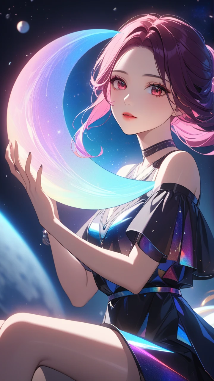 masterpiece, best quality:1.3, 1girl, moon dress, giants girl , floating,space ,moon , holding moon , detailed face, red eyes, beautiful detailed lips, long eyelashes, delicate facial features, expressive face, detailed skin texture, moonlight lighting, vibrant colors, cinematic lighting, soft focus, prismatic, holographic,chromati caberration,