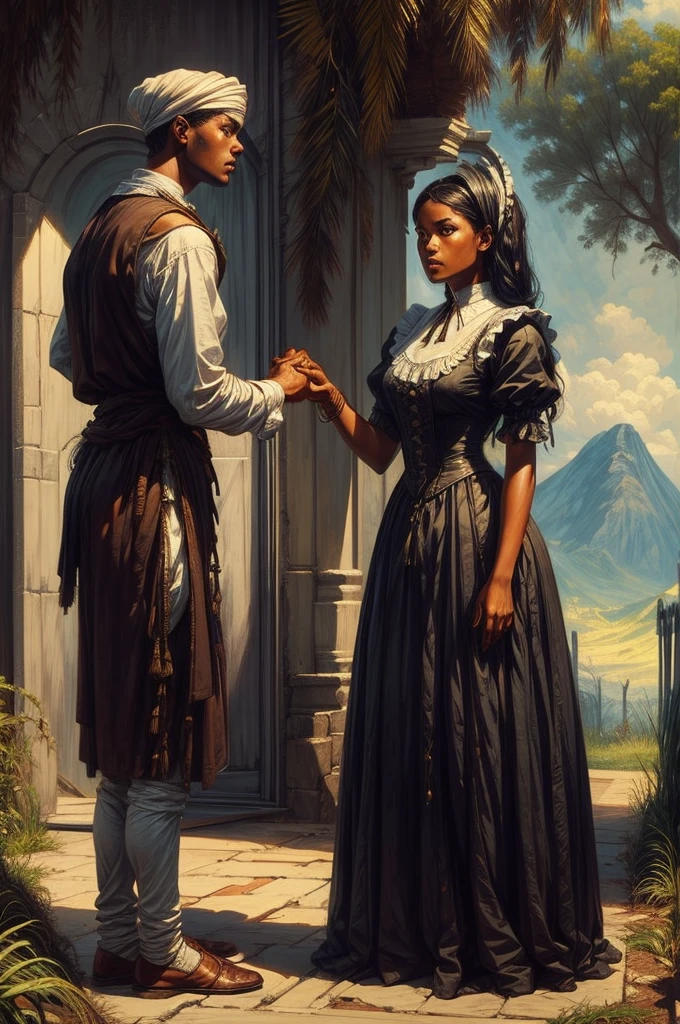 Encounter between a black maid, colonial era, and a white boy, both 20 years old