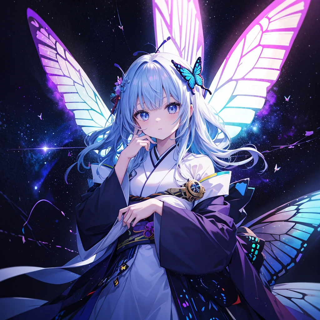 One woman,Archangel((Galaxy Wings,butterfly,Infinite depth,grow,very mysterious,Close-up)) background(Cyber World) Serious expression,Looking diagonally upwards, pure white long hair,風に吹かれている ネオンカラーとても輝いている butterfly,Super Mysterious Japanese Anime Style