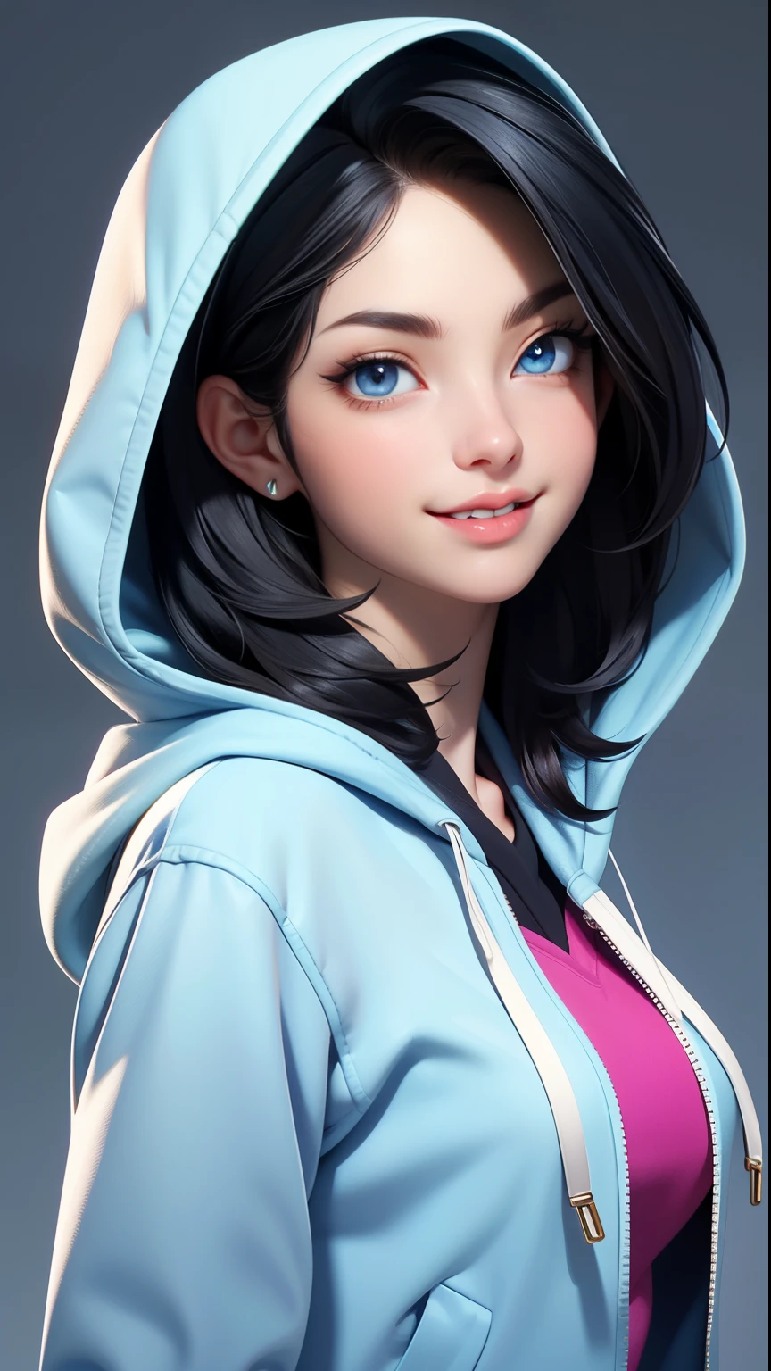 (masterpiece, best quality),Simple Details , thin, ((slim)), Beautiful girl, black hair, White skin, light blue eyes, Sharp jawline, cropped hooded jacket, messy hair, Lips, upper body, smirk