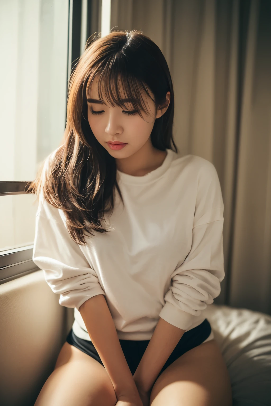 (((Shot in the back、Thigh close-up、Photographing only the thighs、Lower body close-up、Tight sweatshirts)))、(Young girl)、(Genuine、photoGenuineistic、Very detailed、Highest Detail Skin、Highest quality、masterpiece、Ultra-high resolution)、18-year-old、The lighting is bright、Genuineな肌質、Shooting from below、Thick thighs、knees、Chubby、upright、Stand up straight