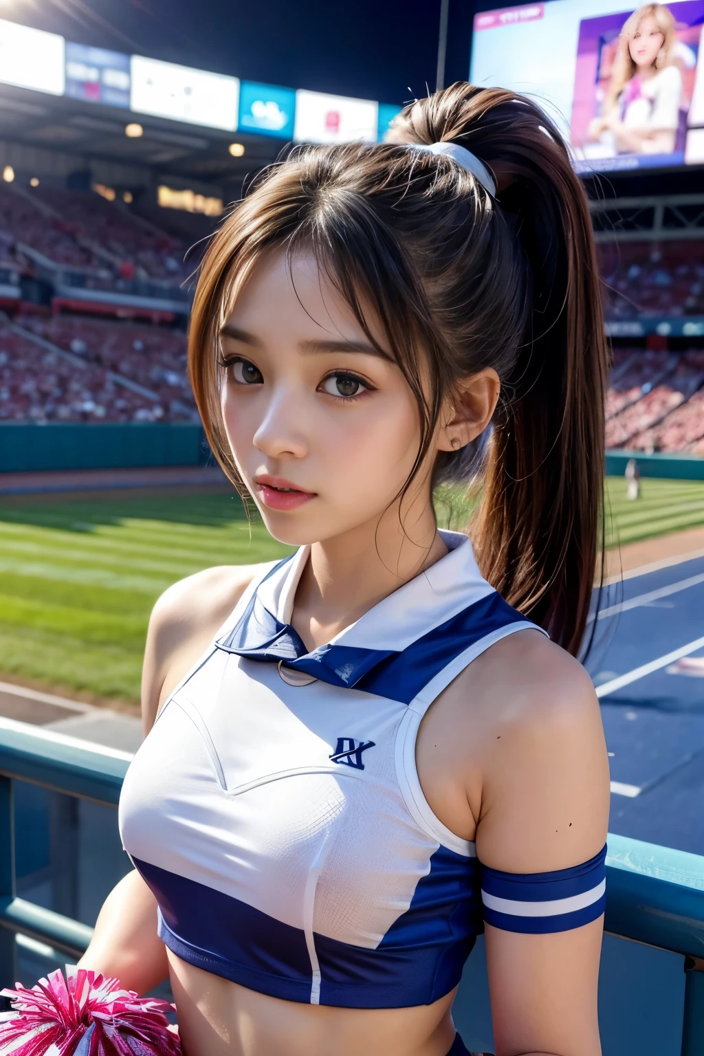 (masterpiece,best quality:1.4),(8k,raw photo,photo realistic:1.2),UHD, ,(shiny skin:1.4),detailed skin,detailed face,detailed eyes,(beautiful sparkling eyes:1.2),Symmetrical eyes,Detailed ear,1girl,natural make-up,(((Japanese idol))),((beautiful Japanese)),(face of the Golden Ratio),Detailed Background,Bea((utiful shiny hair,ponytail)),,(((cute ))),((Average teen breasts)),,upper body,(Detailed cheerleader sexy Uniforms,Teen,,Professional Lighting,Taken from directly below,(Very detailed ,cheerleader Uniforms design,online shopping,LUMINE® Market,),((cute student)),Instagram Style,,flatchest,
small breast,(Detailed Cheering seats at Koshien Stadium,Great location),sakuragun