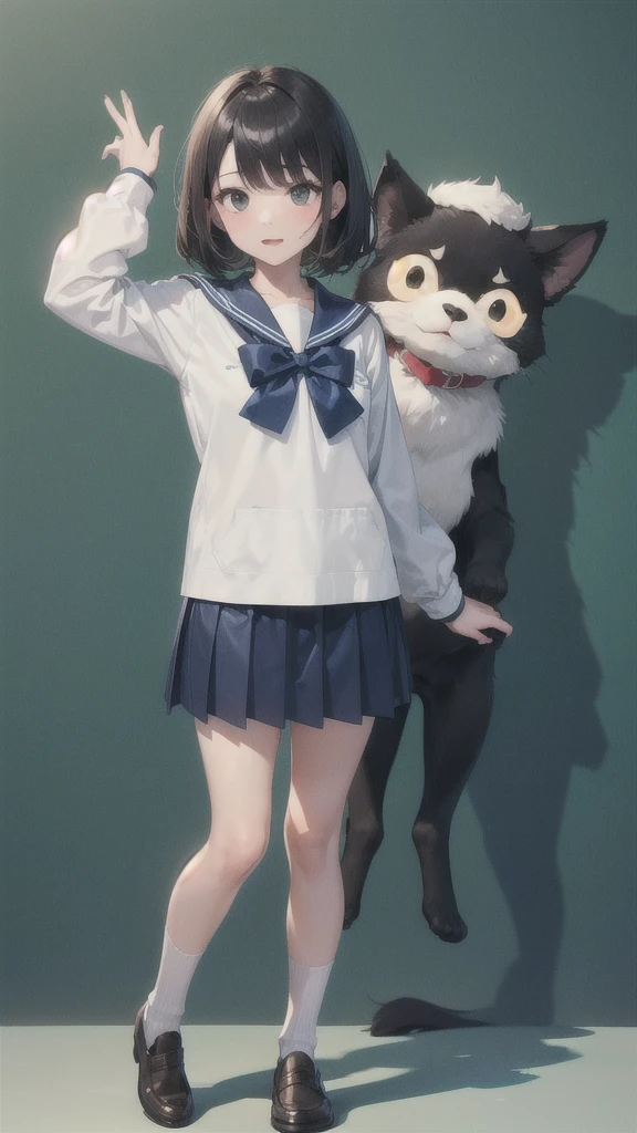 We can see the girl's whole body.
She stands at attention.
She bends her wrists.
She is 18 old.
She is medium height.
She has one eye dark haired
She has black eyes.
She has two arms.
She has two legs.
She has five fingers on her right hand.
She has five fingers on her left hand.
She wears nothing on her face.
She wears a dark blue and white sailor suit.
She wears a dark blue mini skirt.
She wears a white underwear.
She wears white socks.
She wears brown loafers.
it is nothing green background.