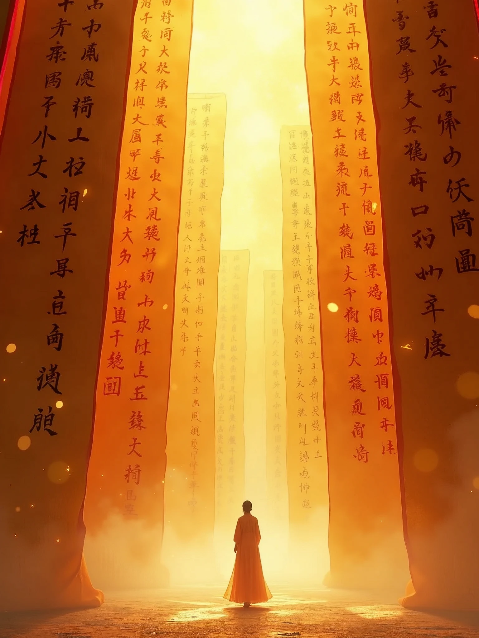 In the vast hall of an ancient Chinese palace, walls covered with golden calligraphy paper sheets fluttered in the wind like silk ribbons. A person stood at its base, gazing up into it as if lost among endless words and emotions written on these soft fabrics. illuminated particles, glass translucent material, The scene was captured from above in the style of matte painting, with red tassels hanging between each wall. This was a detailed depiction of the grandeur of ink script in traditional style, rendered in high resolution with a touch of anime aesthetics