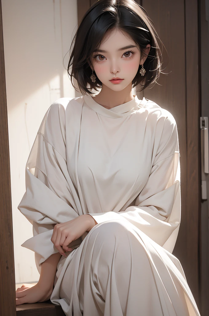A gentle and timid-looking woman in her 30s, with a soft bob haircut and black hair. She exudes a warm and calm presence