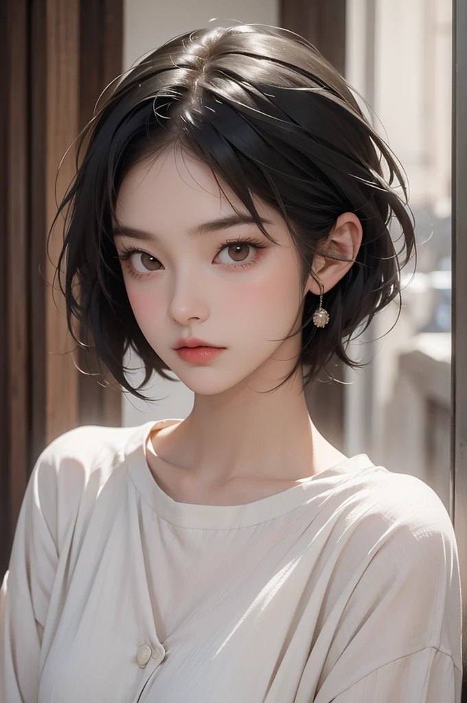 A gentle and timid-looking woman in her 30s, with a soft bob haircut and black hair. She exudes a warm and calm presence