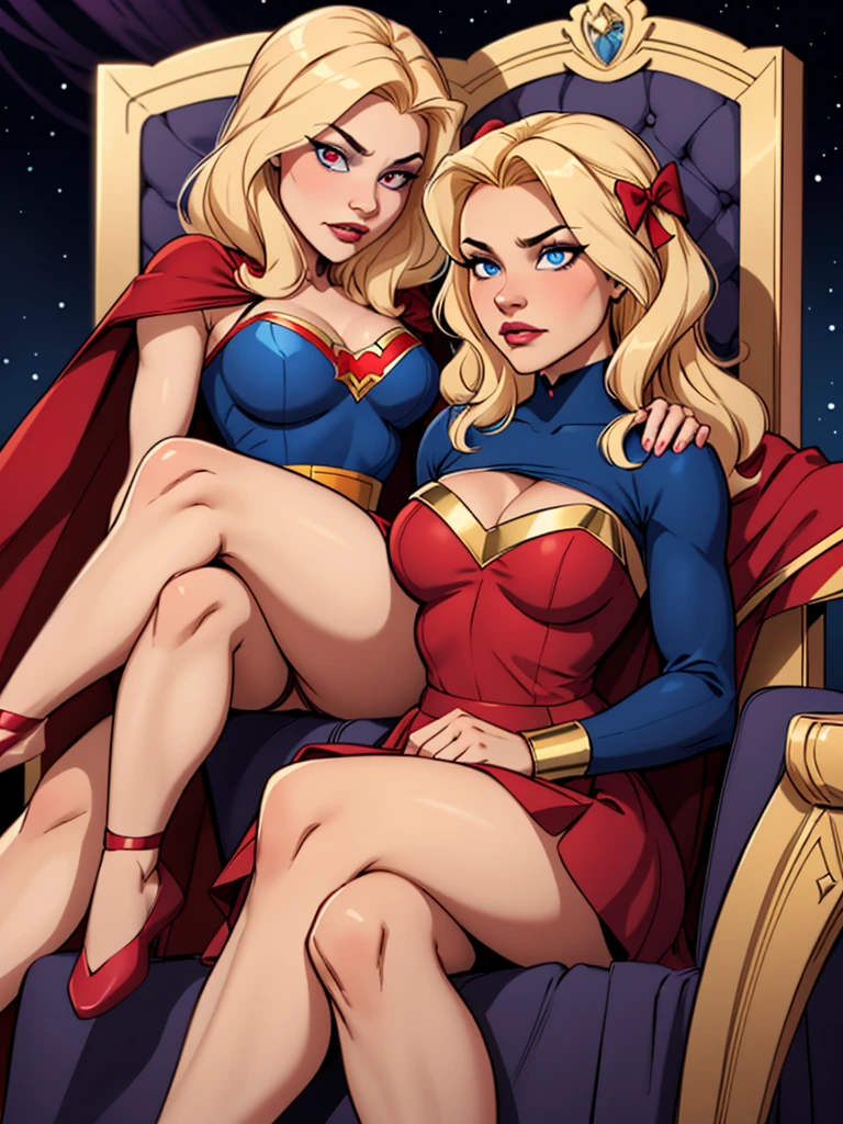 2 girls, one blonde with long hair wearing bows in her hair, with blue eyes, wearing a pink princess dress, sweet princess and sitting on a throne, the other girl behind the throne with short blonde hair, wearing a blue heroine costume, wearing a red cape and with an evil expression, with completely red eyes