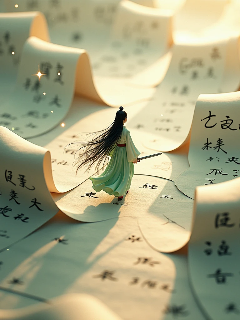Drone perspective.A small ancient Chinese young woman walks on a number of undulating scrolls covered with calligraphy characters. She carries a long sword, wears a flowing soft silk Hanfu, and her long hair moves in the wind. 3D rendered Chinese ink painting scene. Pale gold and emerald. Top view, epic scale of the scene. Light and shadow are distinct, and subtle stars float in the air, creating a dreamlike surreal atmosphere. Ultra-high resolution, the overall composition is very artistic and spatial sense. Fine brushwork, soft flow, history painting, 3D rendering