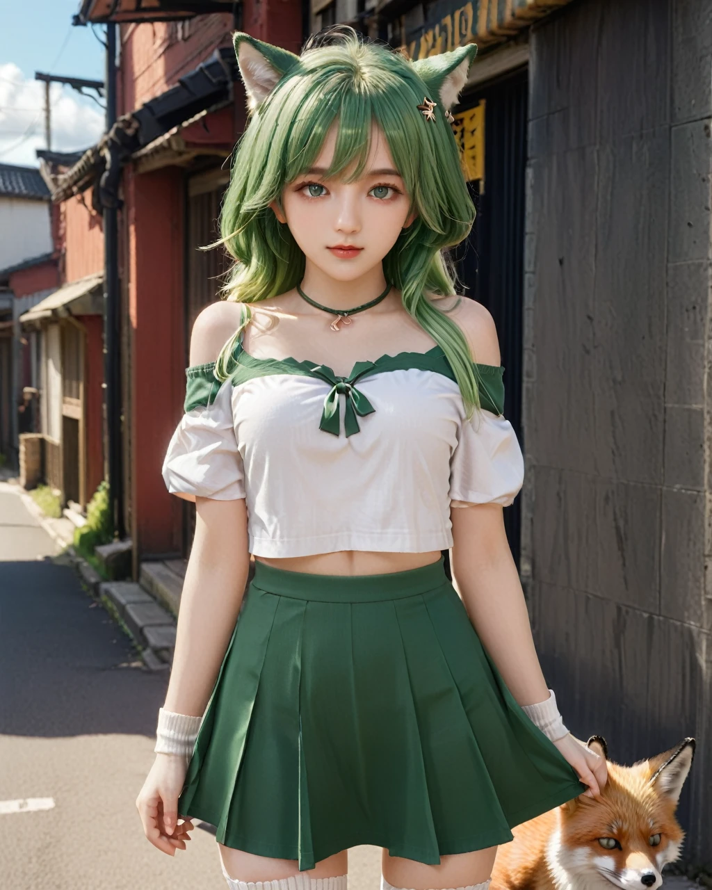 (Highly detailed CG),(Highest quality),Hufufu\(Serious Star Rail\),One girl,Perfect Face,Bright Eyes,(Beautiful, detailed eyes),Green Eyes,Wide Hips,Tight waist,Green Hair,bangs,Long Hair,Ahoge,Animal ears,beret,hair ornaments,Short skirt,White socks,shirt,Off the shoulder,Fox&#39;s Tail,Worried,night,Outdoor,A light smile,wariza,V-Foot,blush,whole body,Depth of written boundary,pray
