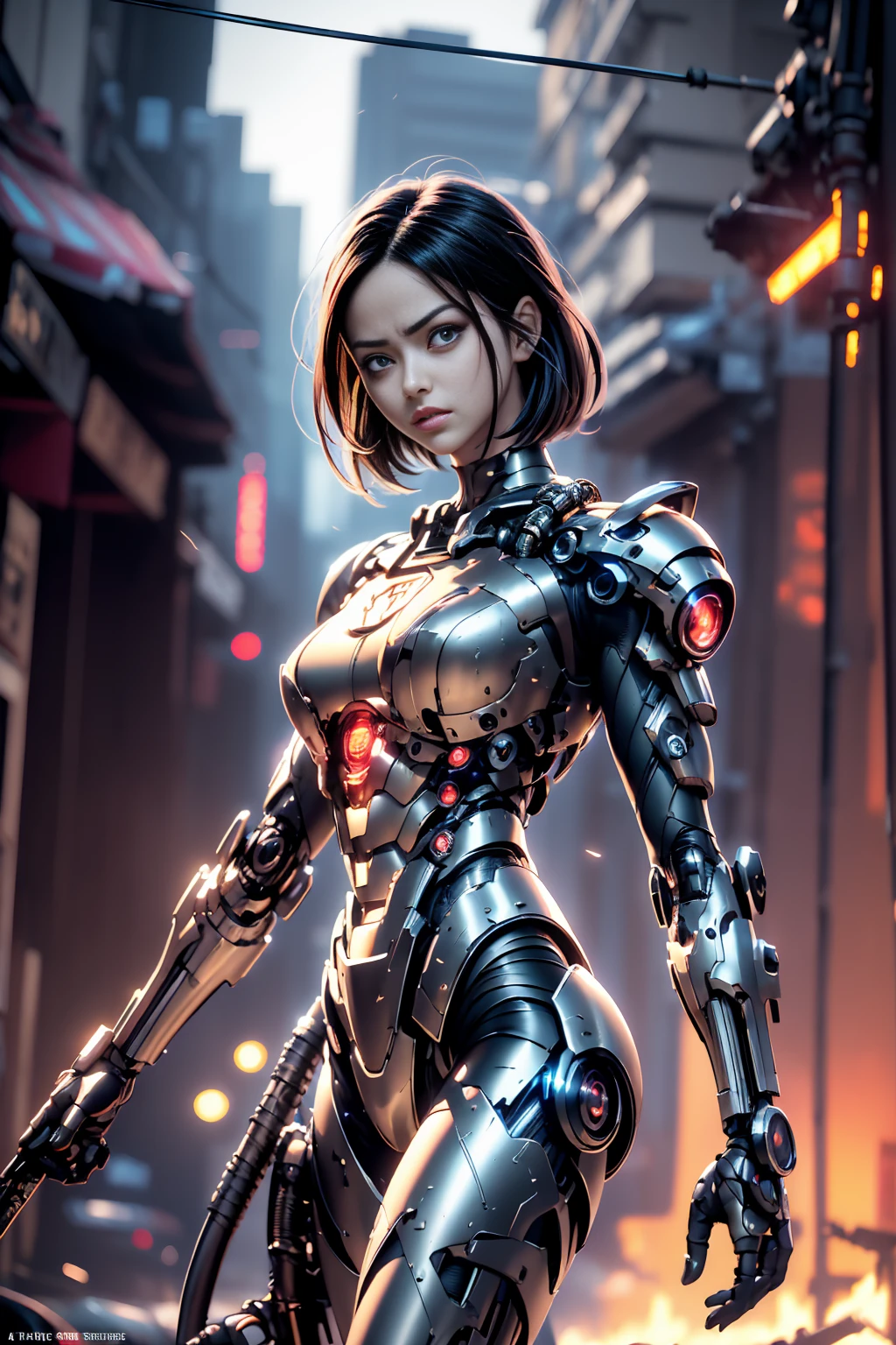 Alita Battle Angel, Highly detailed face, expression of fury, wielding a shiny katana sword, attack pose, artwork, Beautiful, black cyborg, ,, in carbon fiber armor, metal belt, Elements of electronic armor, 20 years old, the skin below the suit has bright lines, shoulder-length black short hair, one cyborg eye, standing, serious expression, cinematic lighting, Burning cyberpunk city in the distance,