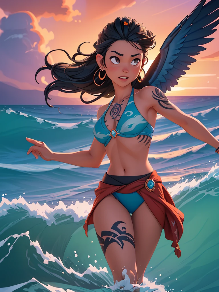 elegant vaiana surfing on vast shimmering ocean,carved wooden surfboard with intricate tribal patterns,raven hair tied in topknot flowing behind,surrounded by vibrant blues of ocean and fiery sunset sky,demigod maui gliding alongside on smaller wave with tattooed body,playful dolphin leaping in foreground,silhouette of mythical island te fiti in distance,dynamic composition capturing excitement of their journey,sky patterned with cloud shapes of islands,sense of wonder freedom and unity with nature,best quality,4k,8k,highres,masterpiece:1.2,ultra-detailed,realistic,photorealistic,photo-realistic:1.37,hdr,uhd,studio lighting,ultra-fine painting,sharp focus,physically-based rendering,extreme detail description,professional,vivid colors,bokeh,digital painting,cinematic lighting,dramatic atmospheric lighting