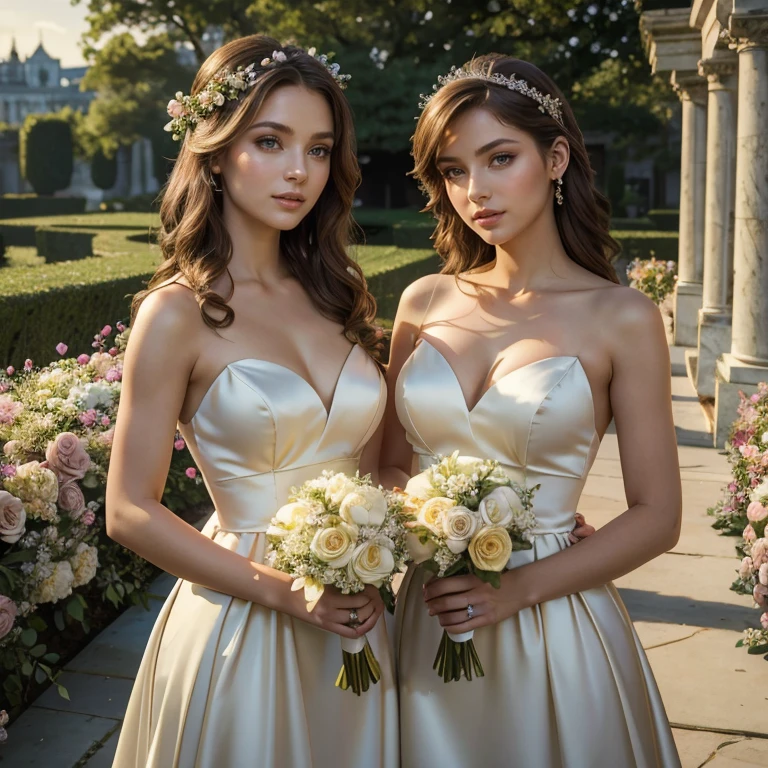 (masterpiece, best quality:1.5), highest quality, High resolution, super detailed, Realists, Upper body photo of a brunette bridesmaid, detailed and beautiful eyes, beautiful detailed lips, very detailed eyes and face, longeyelashes, Bridesmaid in a short dress made of shiny satin fabric, Beautiful and colorful makeup, elegant and noble々Pose,shiny satin headband, grind, Holding flowers, Gardens as background, soft daylight, bright colors, fine brushstrokes, Portrait style, Noble details in the dress fabric, beautiful color palette, glowing skin, First-class rendering, that captures every detail, enchanting atmosphere, subtle shadows and lights, (perfect anatomy:1.2), (The two stunning bridesmaids hold flowers and wedding rings, (magnificent panorama view:1.2)