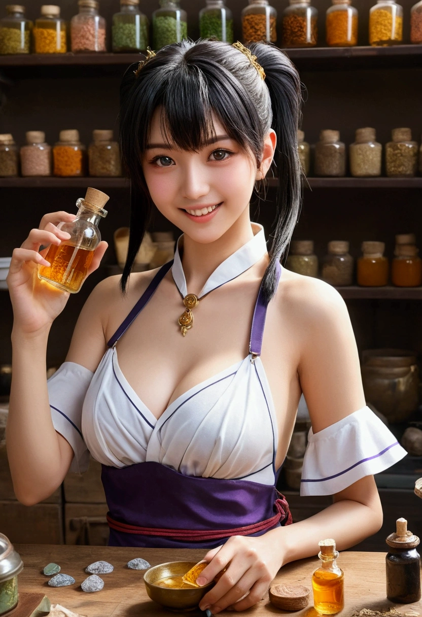 Browsing Caution,(Fantasy:1.5),(anime,8k,masterpiece, Highest quality, Highest quality,beautifully、beautiful:1.2,Professional illustrations:1.1,Very detailedな:1.3,Perfect lighting),Very detailed,Most detailed,Unbelievably absurd , High resolution, Very detailedなed,complicated:1.6,(Alchemy Workshop:1.4),A girl mixing,Many small medicine bottles,Contains a small potion,colorful:1.4,Tangled,(1girl),(girl),(Female warriors of the Three Kingdoms),(Very beautiful face and eyes,Firm breasts),Oily skin,((black,hair,short bob with short pony tail hair)),thin pubic hair,cute,cute,age 34,Alchemist's costume,merchant'Clothing,smile,In the kitchen,smile,Seductive Weakness々しいsmile,(with sparkling eyes and a contagious smile),Open your mouth, Show Viewer,
