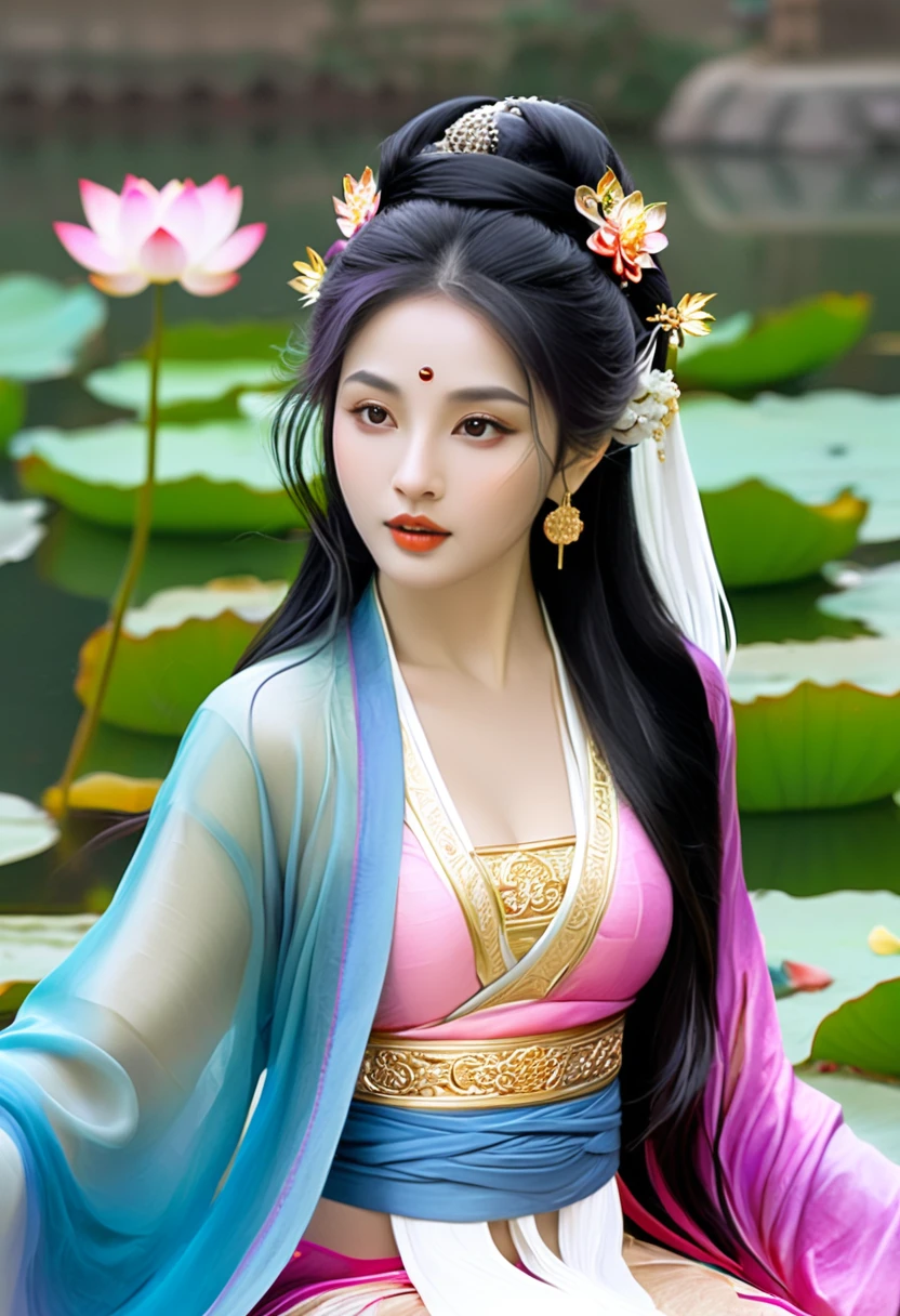 high quality, 8K 超HD, Surreal portrait of a stunning woman.
32K（masterpiece，HD，超HD，32K）long flowing dark hair，pond，bloom， One color， Aozhou people （Concubine）， （purple silk scarf）， Fighting Stance， Looking at the ground， White hair， Flowing hair， Carp pattern headdress， Chinese long-sleeved clothing， Beautiful woman sitting on the rosewood lotus seat, (((golden lotus throne)))，Light blue pants，(((Head background with round light)))，(((Behind it are nine suns)))，(((Women emit bright blue light)))，Women have three heads，Total, The arm has eight mudras，Carry various metal weapons，Barefoot with both feet，Goddess of love and peace, Indian goddess of wealth, Heavenly Bodhisattva, Goddess Art, Goddess of Wisdom, Ancient Chinese Goddess，lifelike，Professional photography，real，超high resolution，masterpiece，（Abstract gouache splash：1.2）， Pink petal background，Pink and white lotus flowers flying（Realistically：1.4），Black hair，Falling leaves，Background pure， high resolution， detail， RAW photos， Sharp Reinsurance， Nikon D850 Film Stock Photos，AuthorJefferies Lee 4 Kodak Portra 400 Camera F1.6 Guns, Rich colors, 超逼real纹理, Dramatic Lighting, Unreal Engine Art Station Trends, Sinester 800，long flowing dark hair，Denim skirt